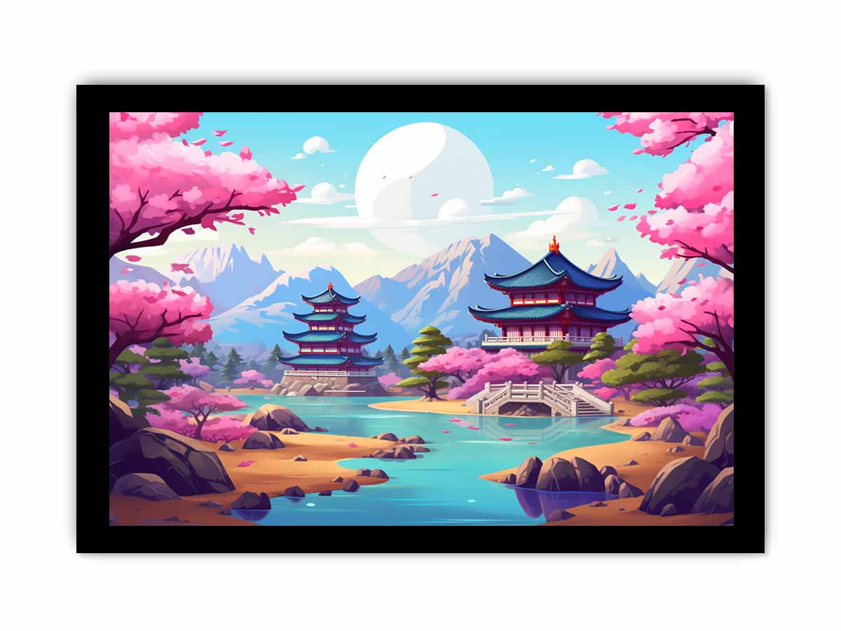 South Korea inspired cherry blossom palace canvas art for colorful bedroom or nursery decor.
