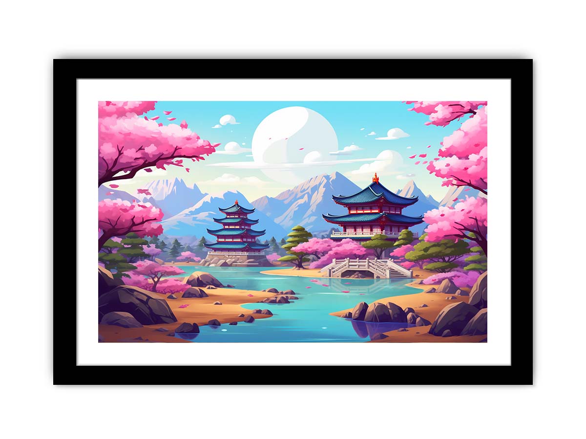 South Korea inspired cherry blossom palace canvas art for colorful bedroom or nursery decor.