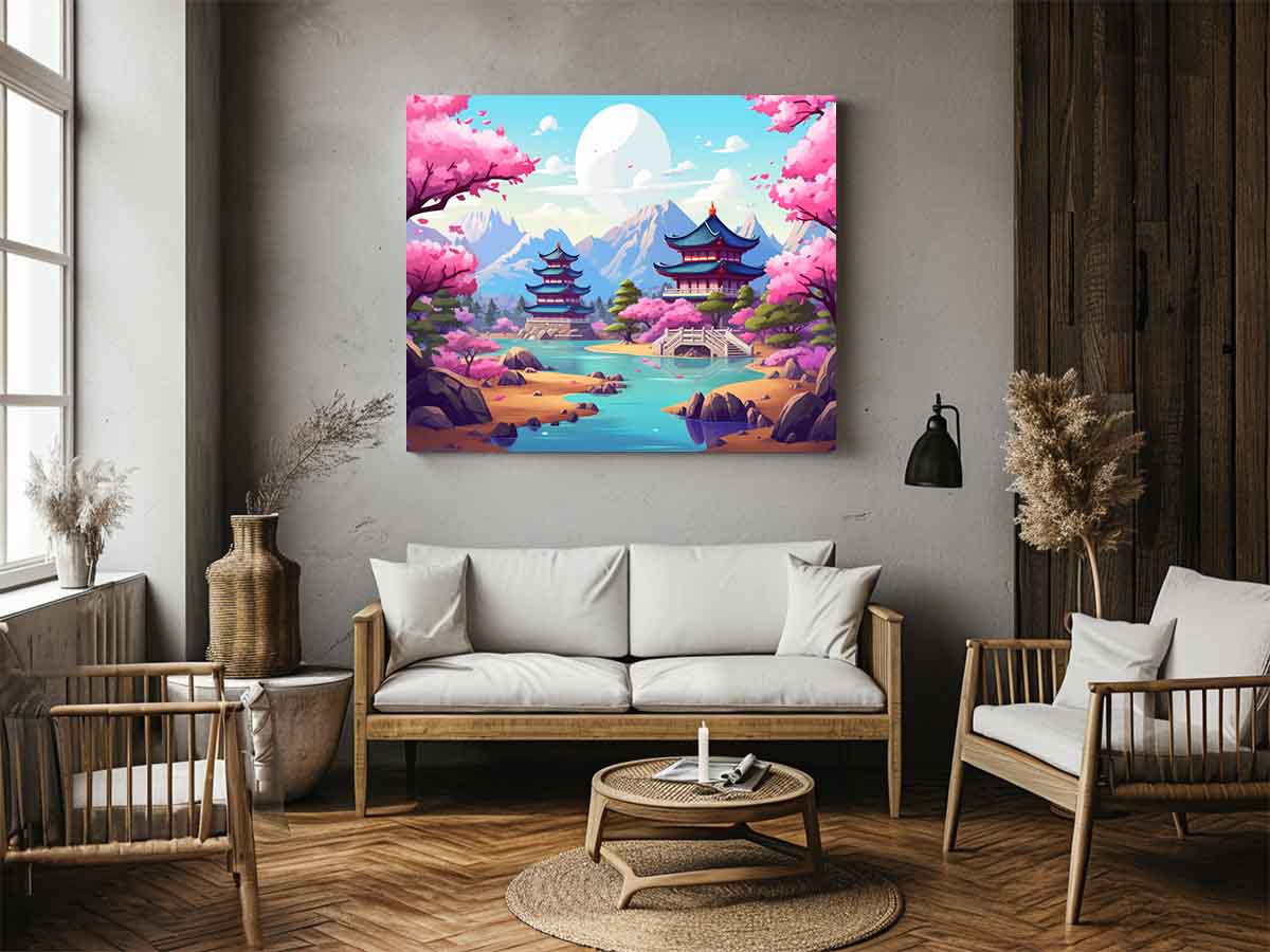 South Korea inspired cherry blossom palace canvas art for colorful bedroom or nursery decor.