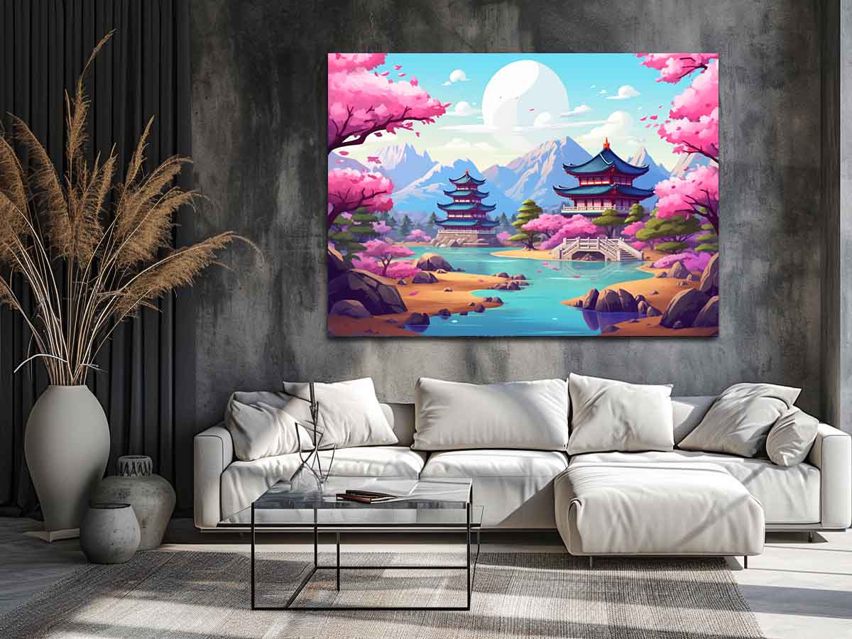 South Korea inspired cherry blossom palace canvas art for colorful bedroom or nursery decor.
