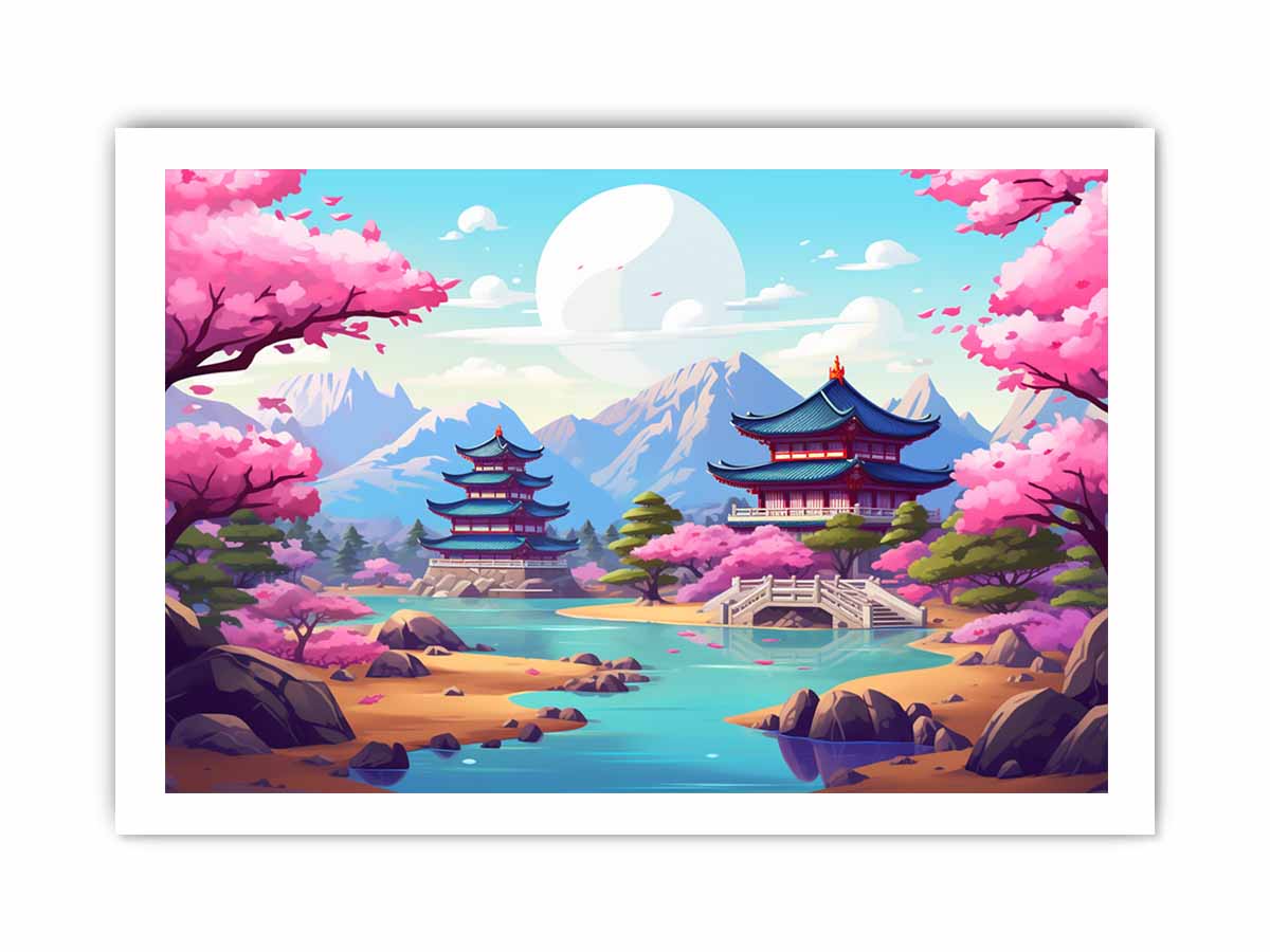 South Korea inspired cherry blossom palace canvas art for colorful bedroom or nursery decor.