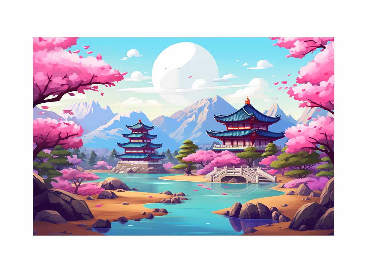 South Korea inspired cherry blossom palace canvas art for colorful bedroom or nursery decor.