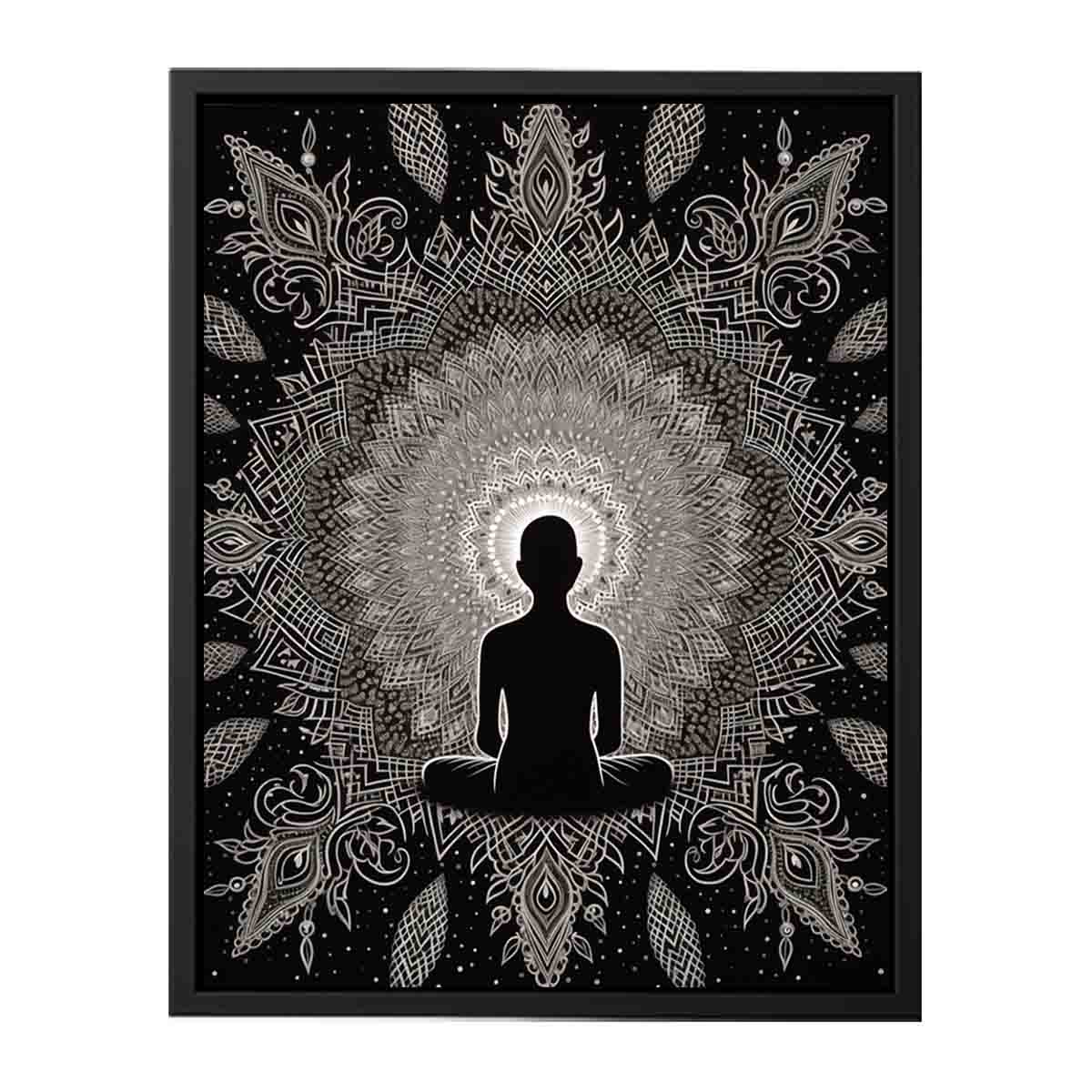 Black and white meditation mandala poster for peaceful bedroom, yoga room, or mindfulness decor.