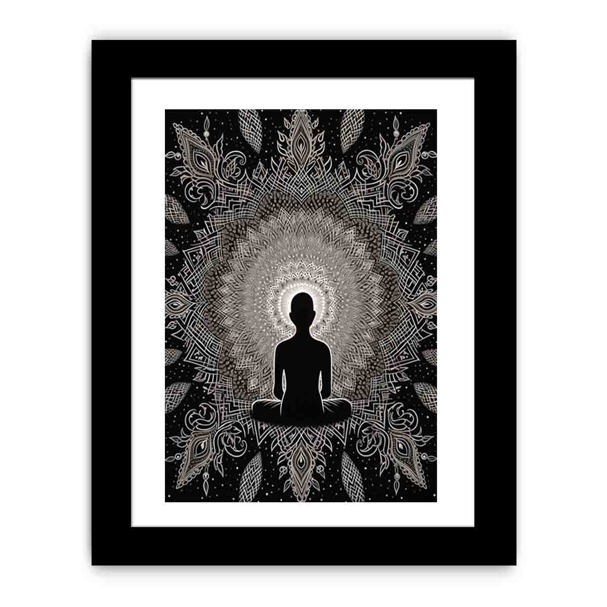 Black and white meditation mandala poster for peaceful bedroom, yoga room, or mindfulness decor.
