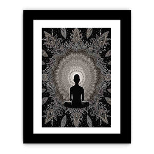 Black and white meditation mandala poster for peaceful bedroom, yoga room, or mindfulness decor.