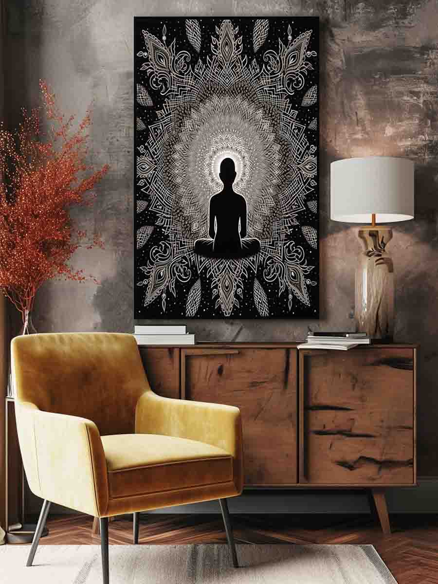 Black and white meditation mandala poster for peaceful bedroom, yoga room, or mindfulness decor.