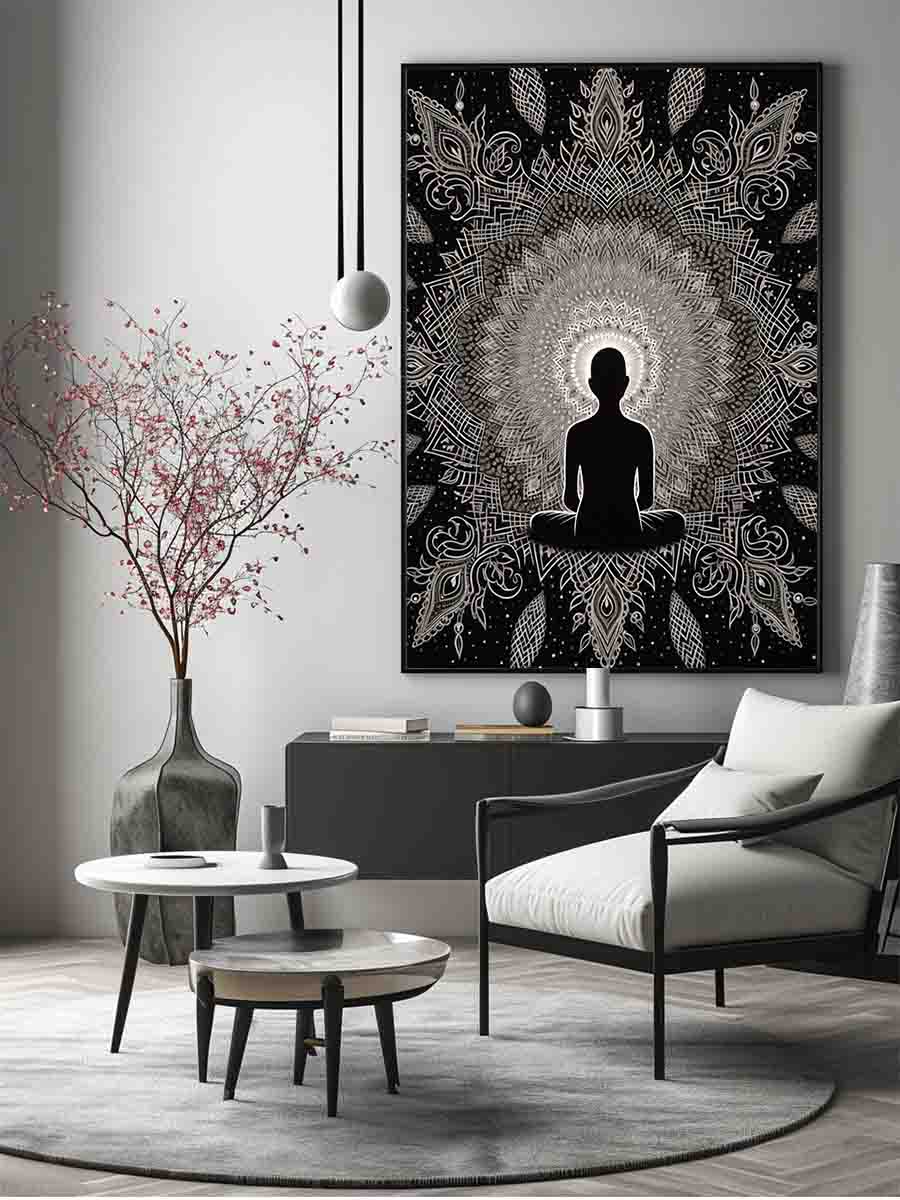 Black and white meditation mandala poster for peaceful bedroom, yoga room, or mindfulness decor.