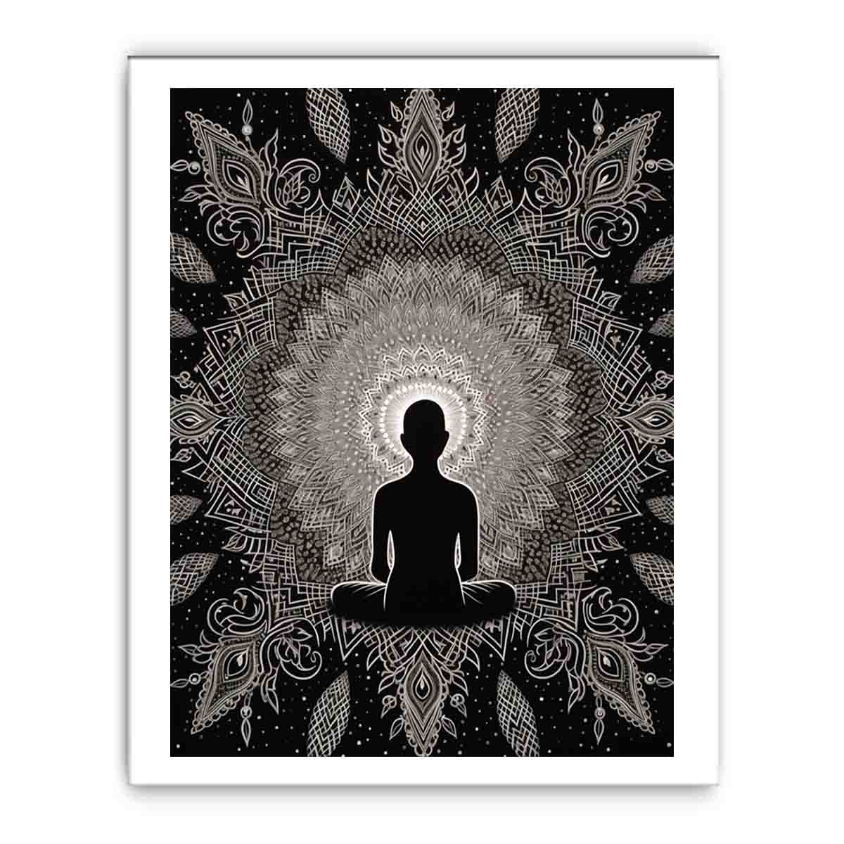 Black and white meditation mandala poster for peaceful bedroom, yoga room, or mindfulness decor.