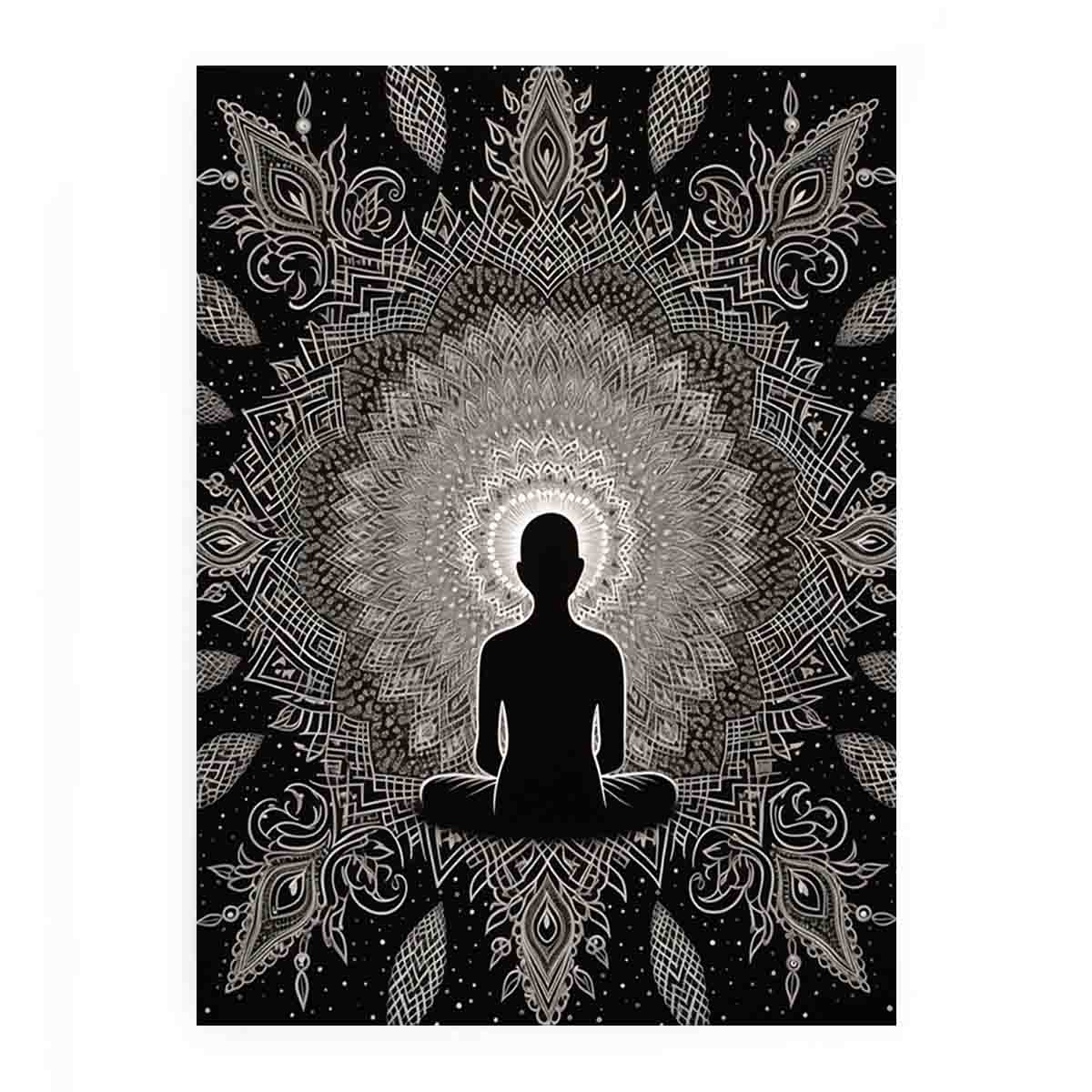 Black and white meditation mandala poster for peaceful bedroom, yoga room, or mindfulness decor.