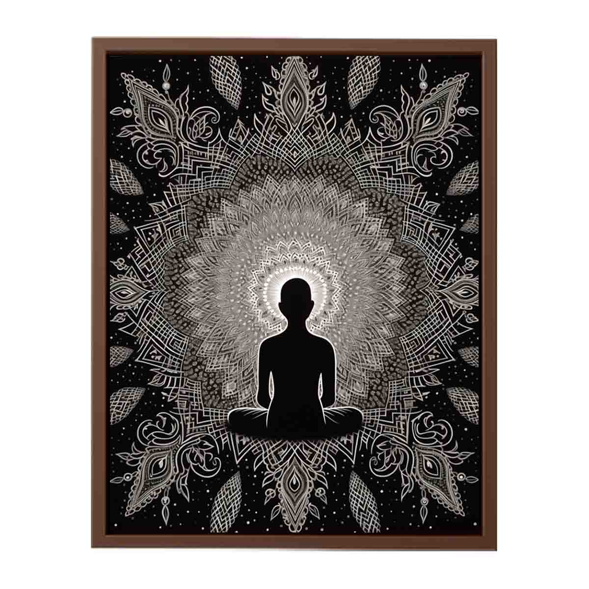 Black and white meditation mandala poster for peaceful bedroom, yoga room, or mindfulness decor.