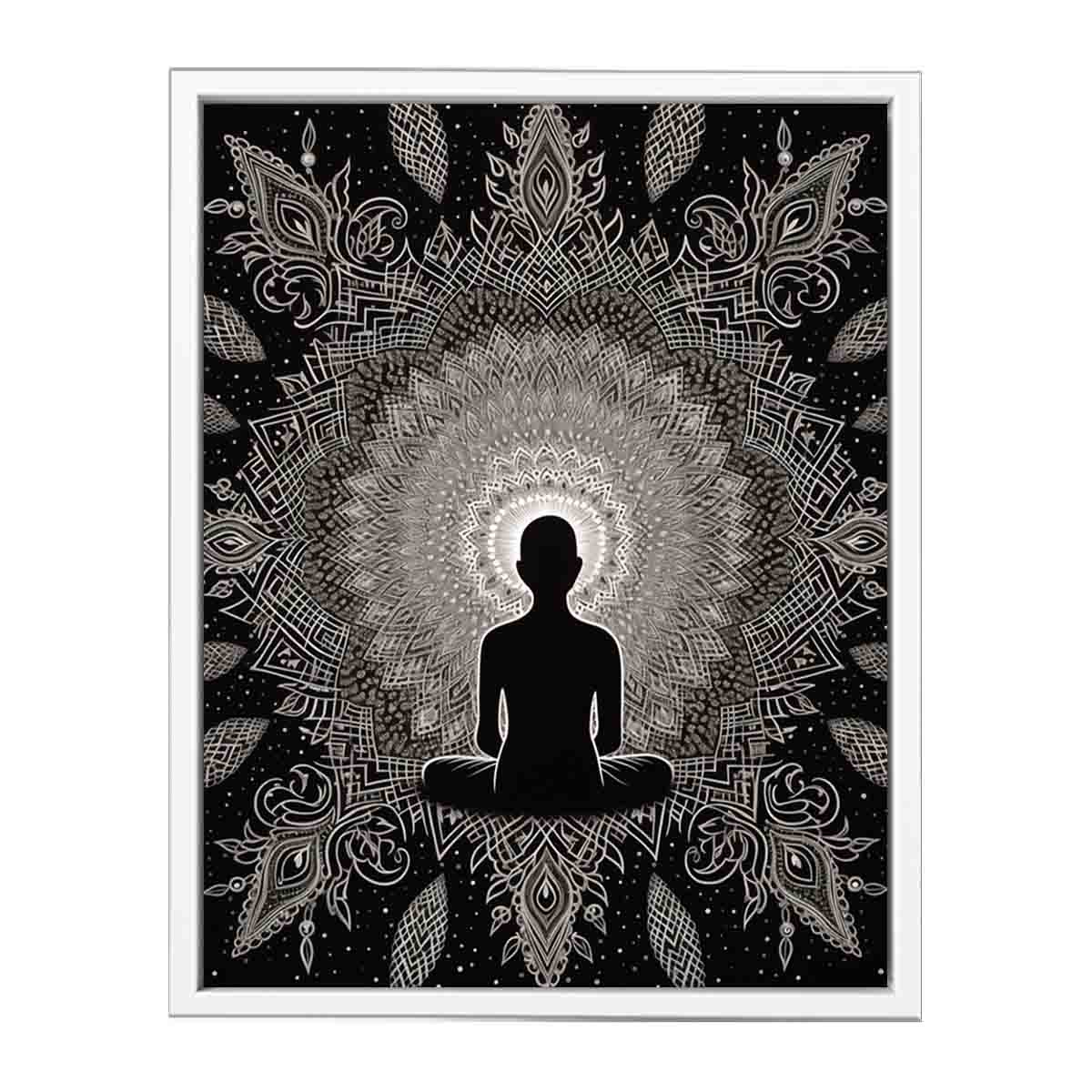 Black and white meditation mandala poster for peaceful bedroom, yoga room, or mindfulness decor.