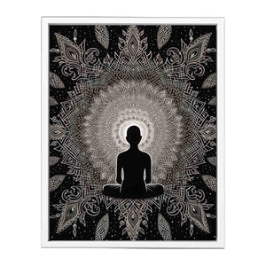 Black and white meditation mandala poster for peaceful bedroom, yoga room, or mindfulness decor.