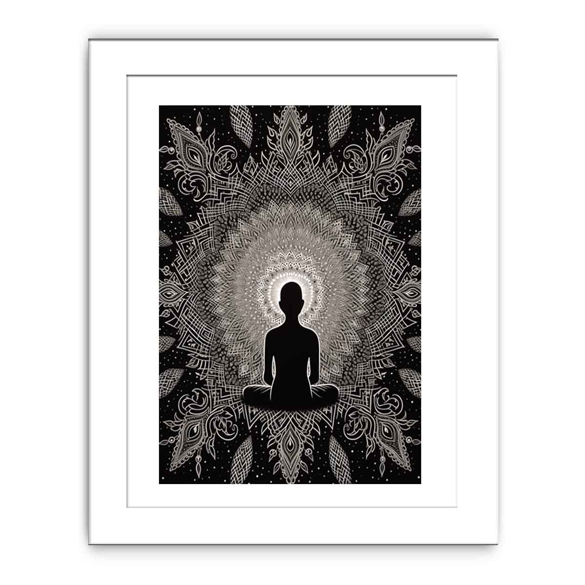Black and white meditation mandala poster for peaceful bedroom, yoga room, or mindfulness decor.