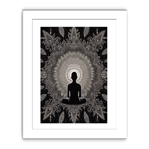 Black and white meditation mandala poster for peaceful bedroom, yoga room, or mindfulness decor.