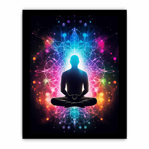 Colorful meditation canvas art with glowing aura and mandala energy for yoga room or bedroom decor.