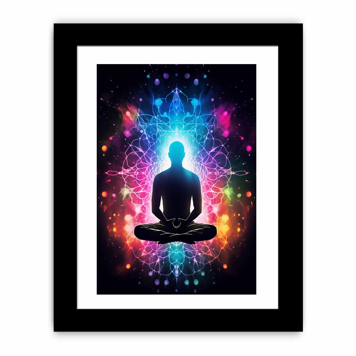 Colorful meditation canvas art with glowing aura and mandala energy for yoga room or bedroom decor.