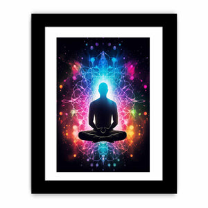 Colorful meditation canvas art with glowing aura and mandala energy for yoga room or bedroom decor.
