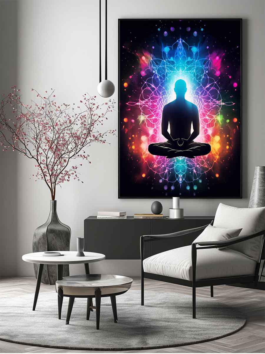 Colorful meditation canvas art with glowing aura and mandala energy for yoga room or bedroom decor.