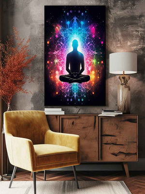 Colorful meditation canvas art with glowing aura and mandala energy for yoga room or bedroom decor.