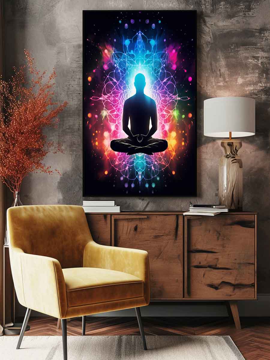 Colorful meditation canvas art with glowing aura and mandala energy for yoga room or bedroom decor.