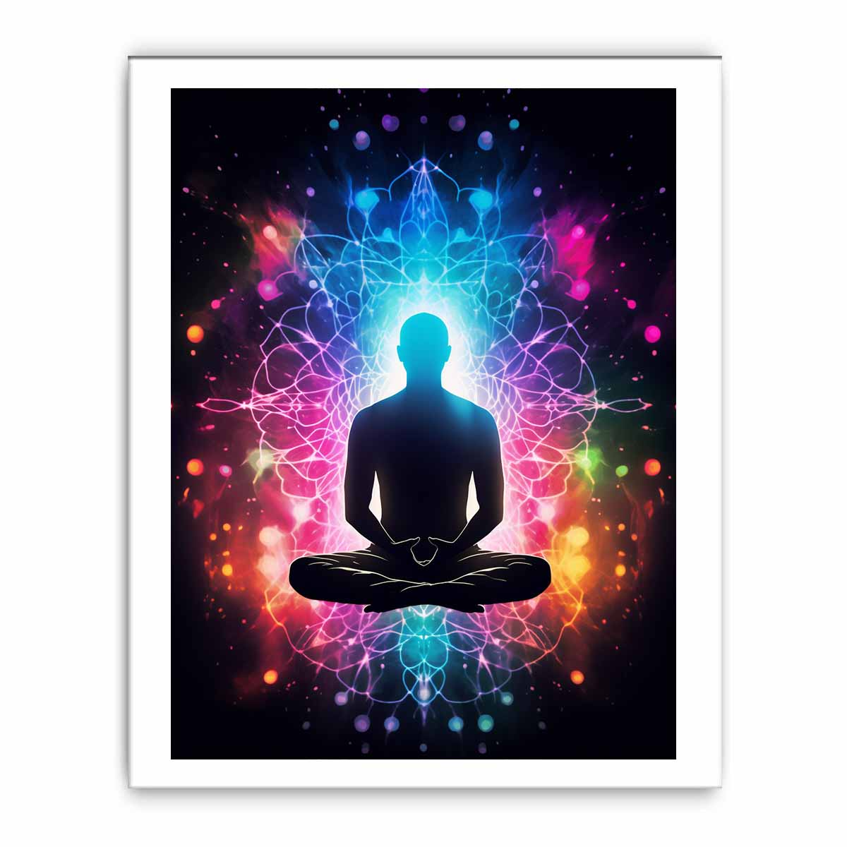 Colorful meditation canvas art with glowing aura and mandala energy for yoga room or bedroom decor.