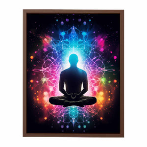 Colorful meditation canvas art with glowing aura and mandala energy for yoga room or bedroom decor.
