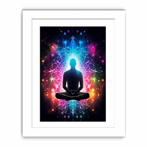 Colorful meditation canvas art with glowing aura and mandala energy for yoga room or bedroom decor.