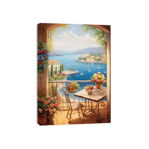 Mediterranean terrace canvas art with sea view, flowers, and balcony table for elegant home decor.