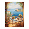 Mediterranean terrace canvas art with sea view, flowers, and balcony table for elegant home decor.