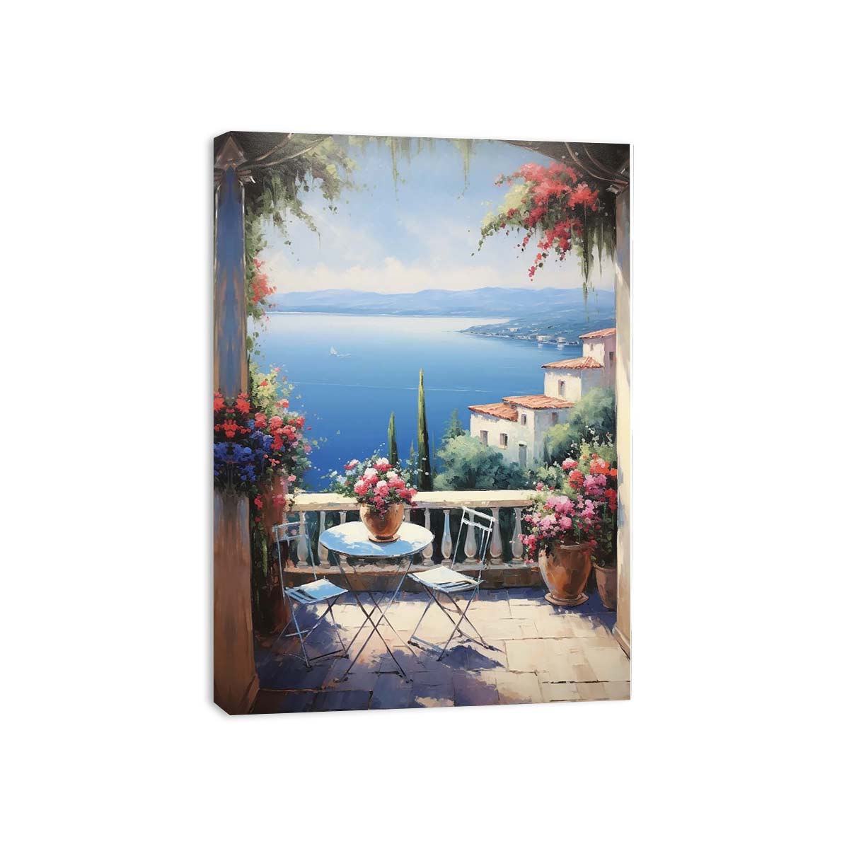 Terrace of Azure Mediterranean coastal terrace overlooking a bright blue sea for modern home decor.