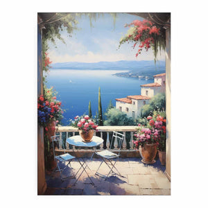 Terrace of Azure Mediterranean coastal terrace overlooking a bright blue sea for modern home decor.