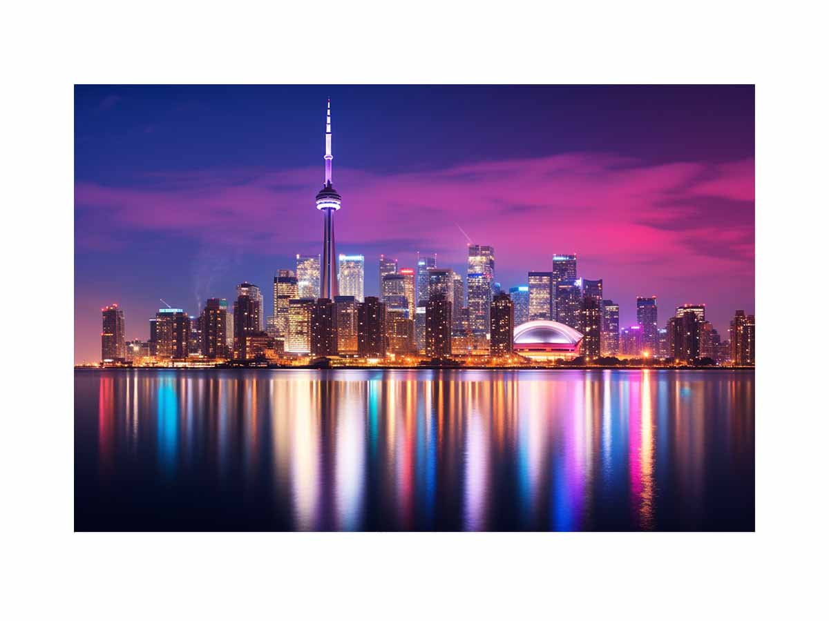 Violet City Lights Toronto skyline at twilight for modern home decor.