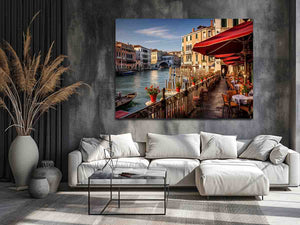 Venetian Café Light sunlit Venice canal café for modern home decor.