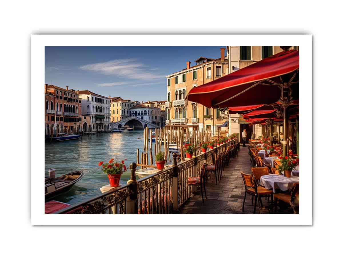 Venetian Café Light sunlit Venice canal café for modern home decor.