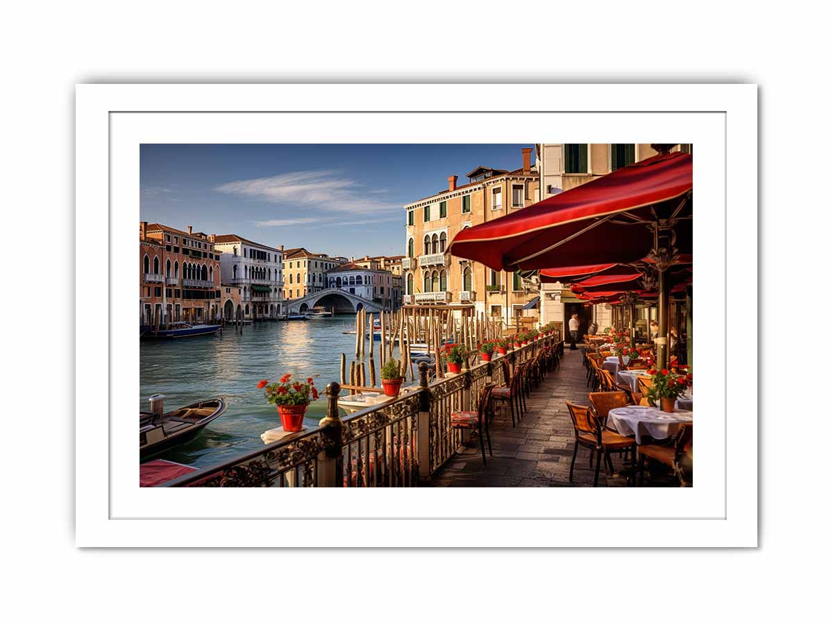 Venetian Café Light sunlit Venice canal café for modern home decor.