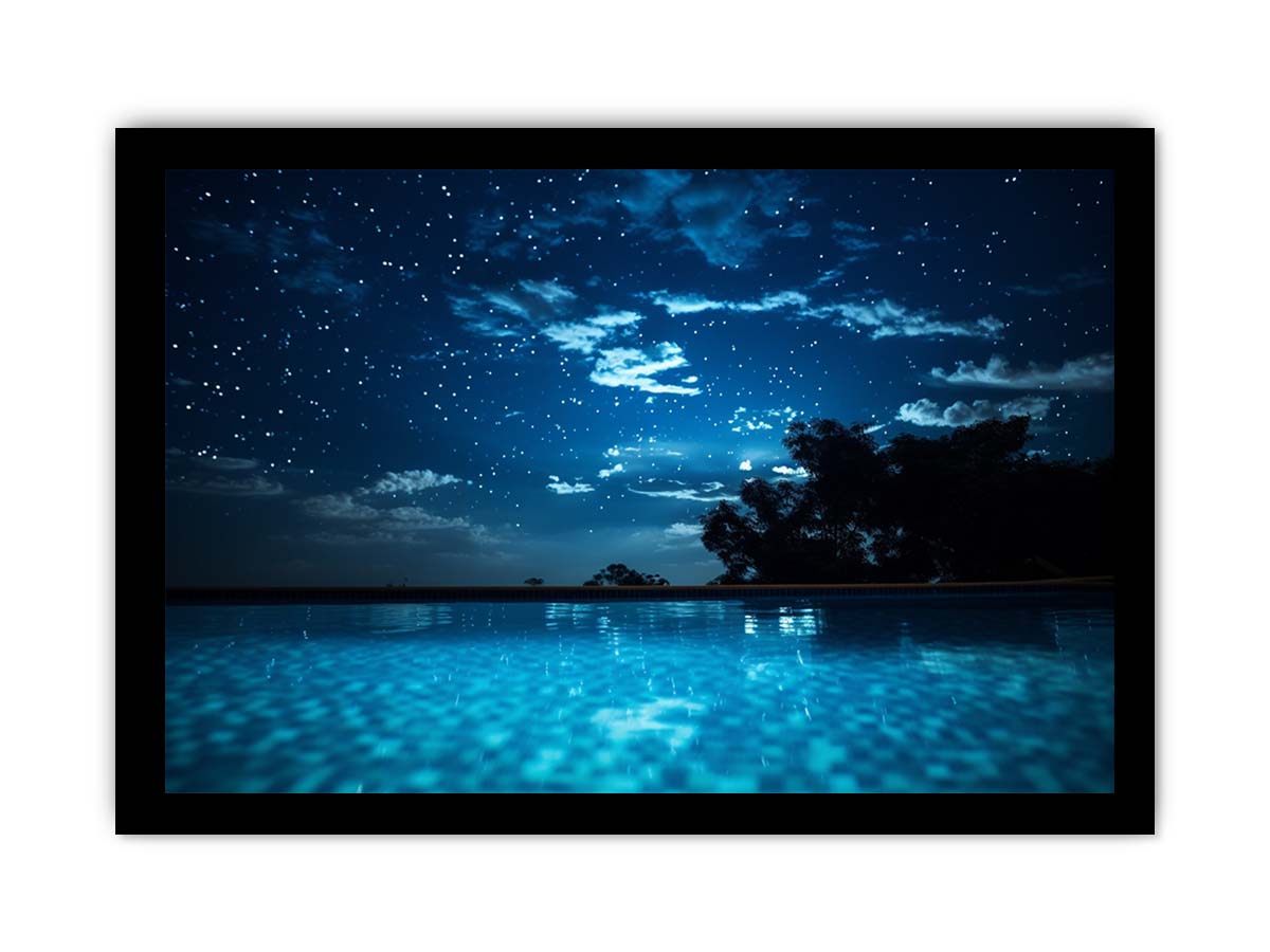 Celestial Pool Night star filled night sky above glowing turquoise pool water for modern home decor.
