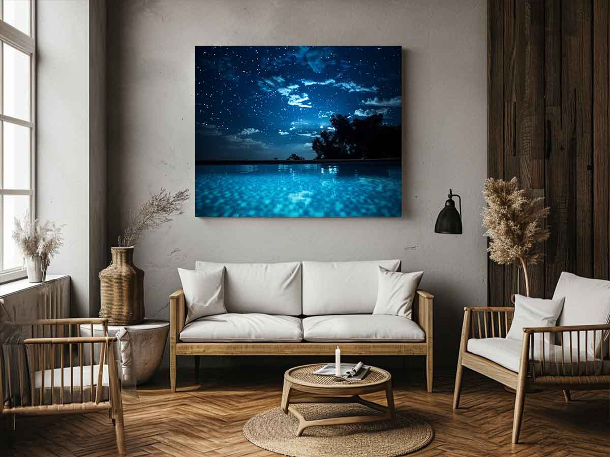 Celestial Pool Night star filled night sky above glowing turquoise pool water for modern home decor.