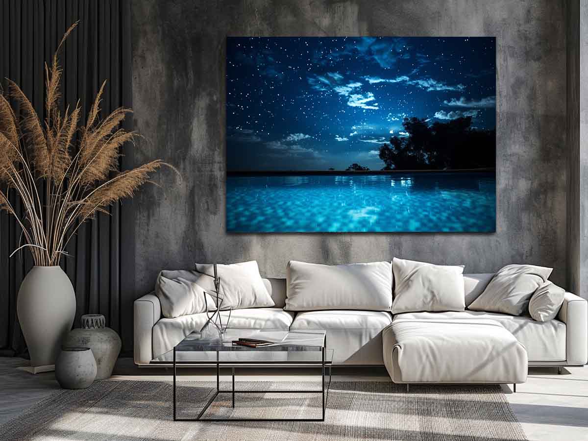 Celestial Pool Night star filled night sky above glowing turquoise pool water for modern home decor.
