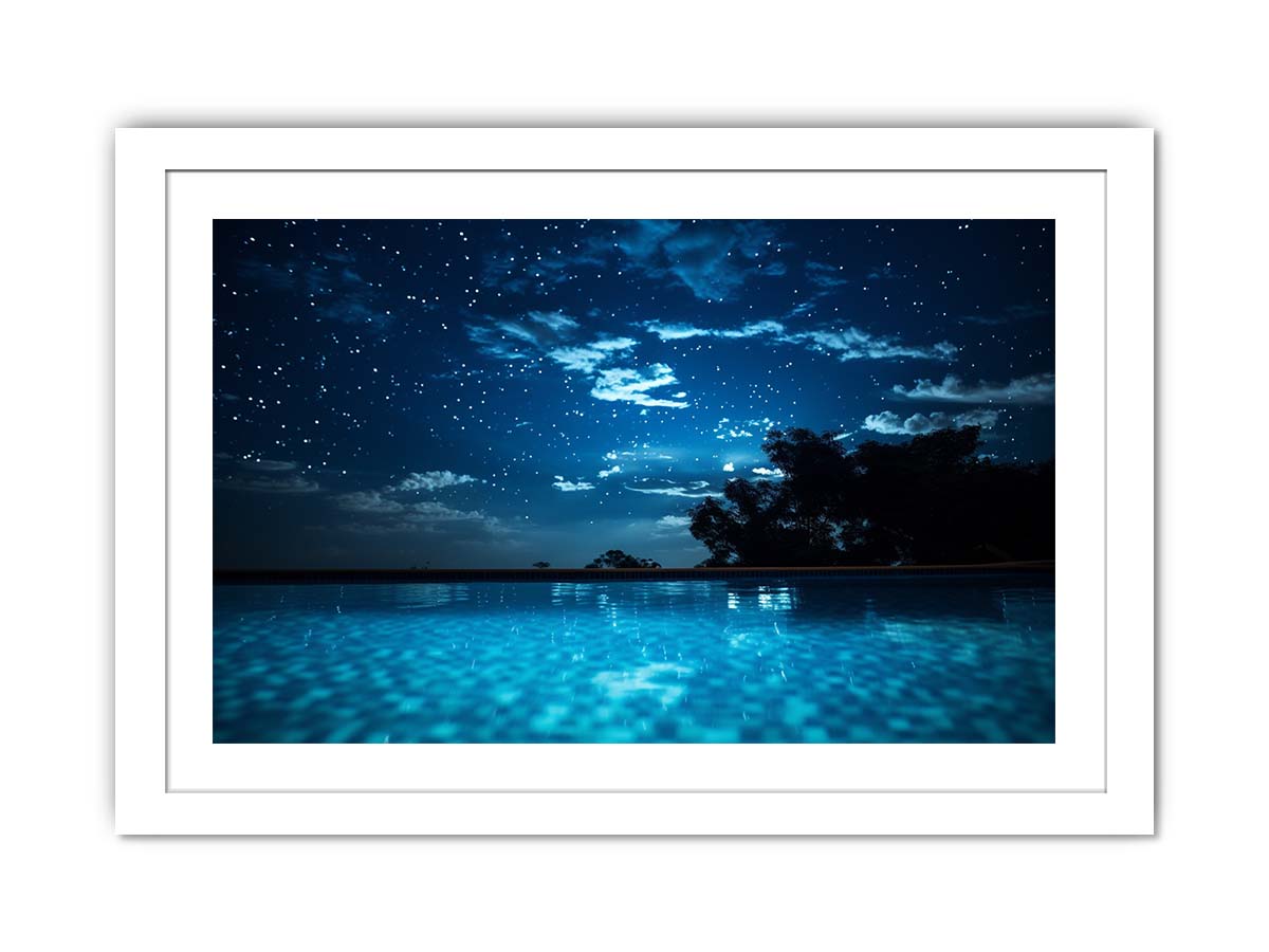 Celestial Pool Night star filled night sky above glowing turquoise pool water for modern home decor.