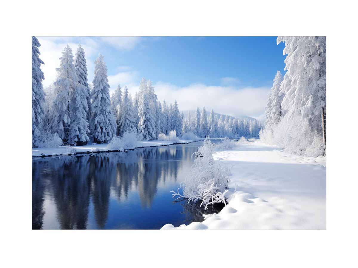 Alpine Winter Mirror snow covered alpine river landscape for modern home decor.