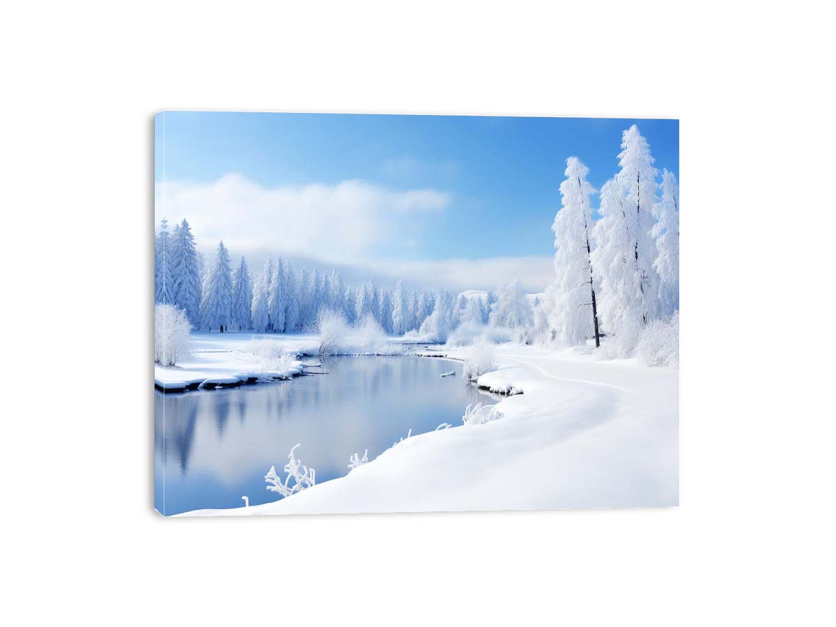 Snowfall Alpine Calm bright winter river scene for modern home decor.