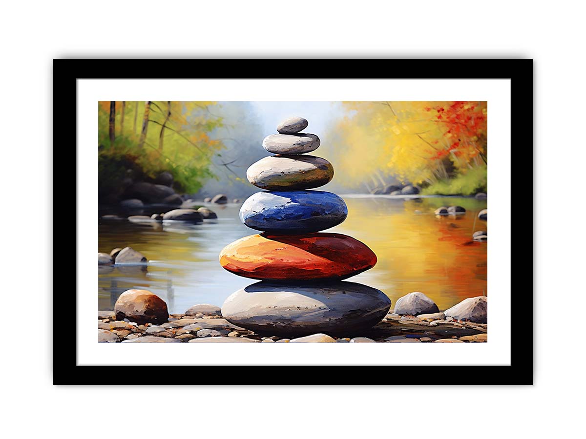 Balanced River Stones painted stacked stones in a shallow river for modern home decor.