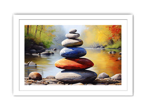 Balanced River Stones painted stacked stones in a shallow river for modern home decor.