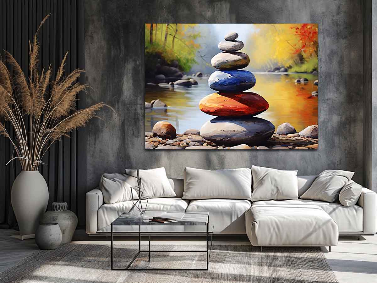 Balanced River Stones painted stacked stones in a shallow river for modern home decor.