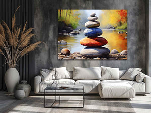 Balanced River Stones painted stacked stones in a shallow river for modern home decor.