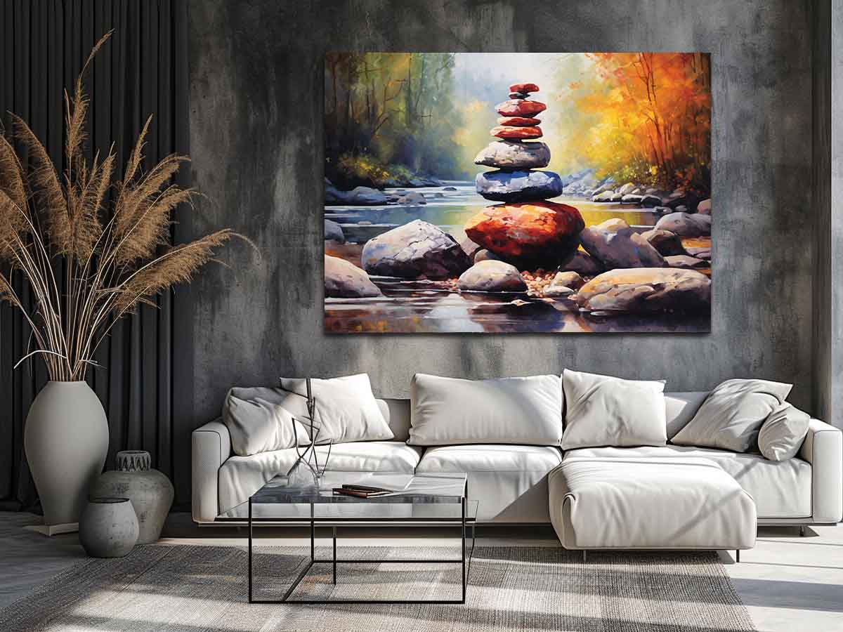 Zen Autumn Balance watercolor stacked river stones surrounded by autumn trees, glowing stream light, large rocks, and peacef