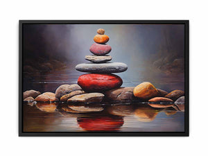 Quiet Stone Reflection moody stacked stones by still water for modern home decor.