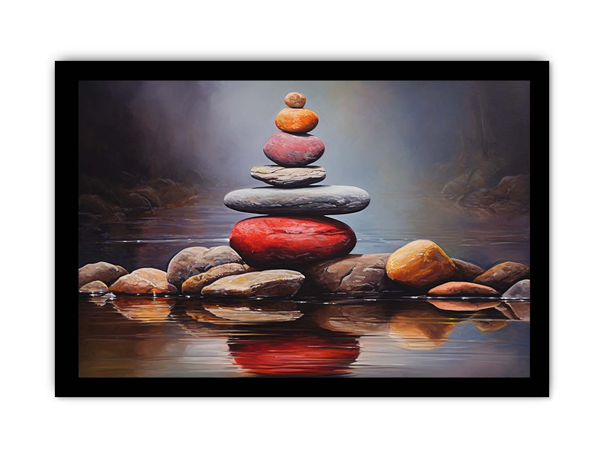 Quiet Stone Reflection moody stacked stones by still water for modern home decor.
