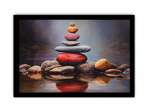 Quiet Stone Reflection moody stacked stones by still water for modern home decor.