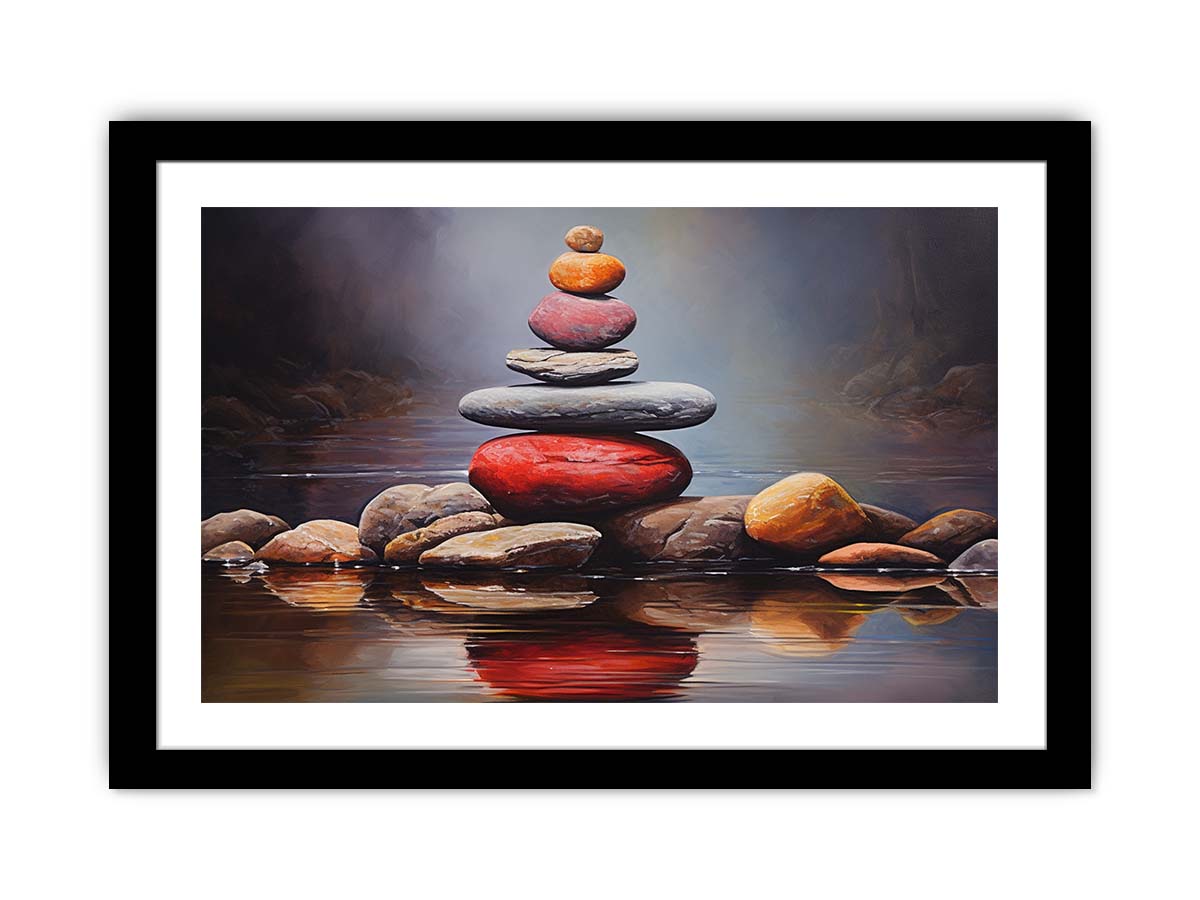 Quiet Stone Reflection moody stacked stones by still water for modern home decor.